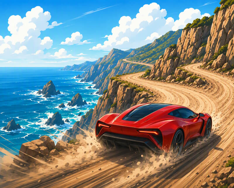 ガードレールのない崖沿いの道を走る車