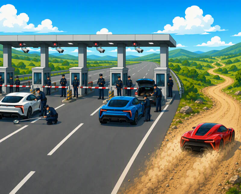 検問所を避けて脇道へ逸れていく車